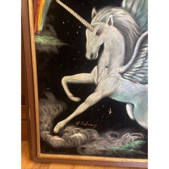 Fantasy unicorn Rainbow Velvet Painting 21 x27" Wood Frame Pegasus Signed - Picture 4 of 16
